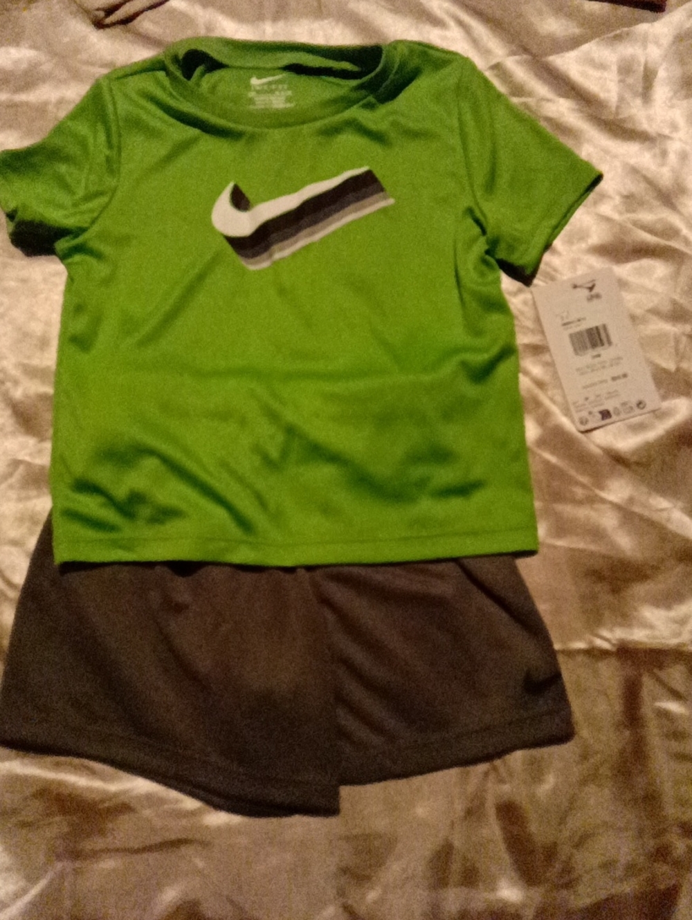 Nike Bright Green Short Sleeve Tee with Layered Swoosh With Grey Shorts